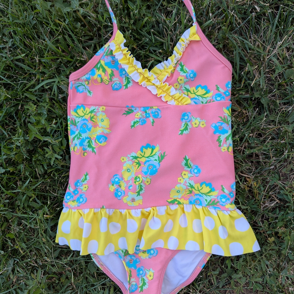Tucker + Tate Pink and Yellow One Piece Swimsuit with Ruffles